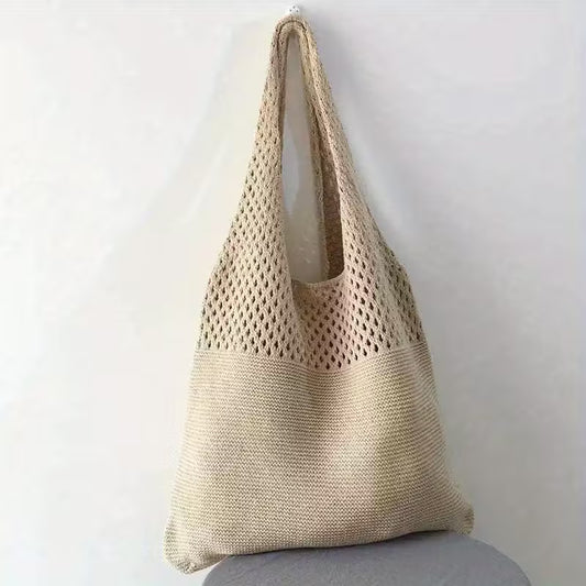 Canvas Tote Bag - Women's Shoulder Shopping Bag with Hollow Crochet