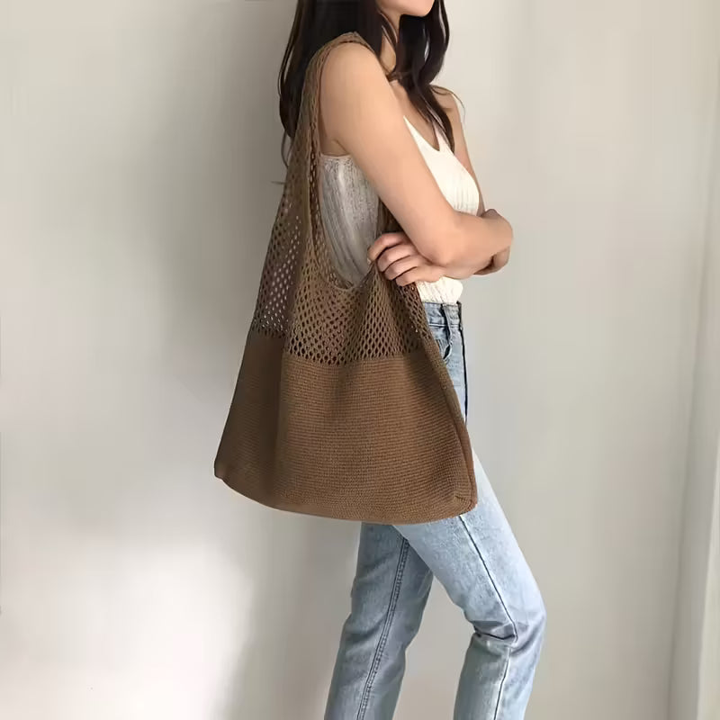 Canvas Tote Bag - Women's Shoulder Shopping Bag with Hollow Crochet
