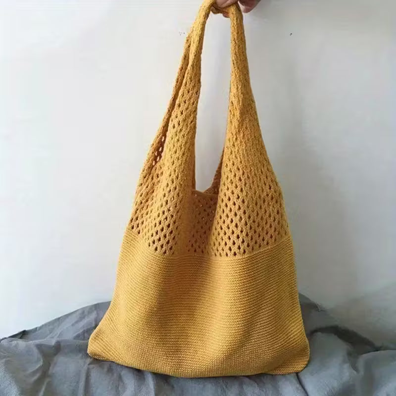 Canvas Tote Bag - Women's Shoulder Shopping Bag with Hollow Crochet