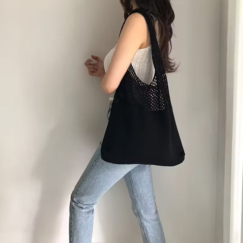 Canvas Tote Bag - Women's Shoulder Shopping Bag with Hollow Crochet