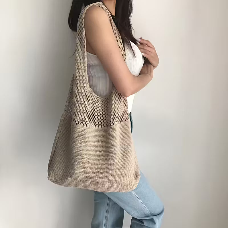 Canvas Tote Bag - Women's Shoulder Shopping Bag with Hollow Crochet