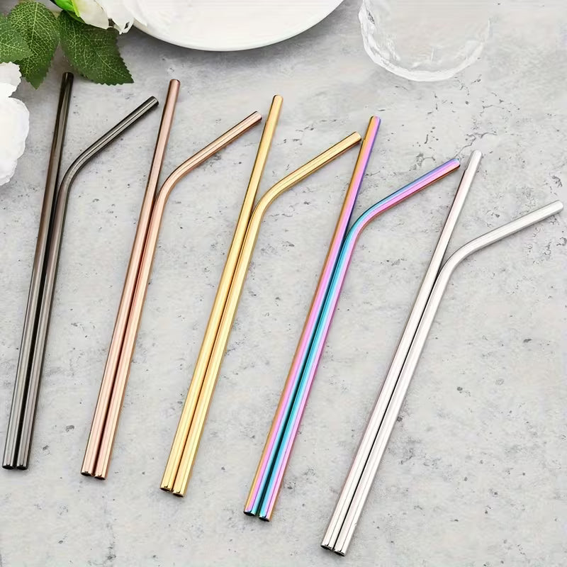 Reusable Metal Straws Set - 4pcs Stainless Steel Bent Straws with Brush