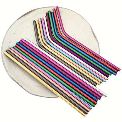 Reusable Metal Straws Set - 4pcs Stainless Steel Bent Straws with Brush