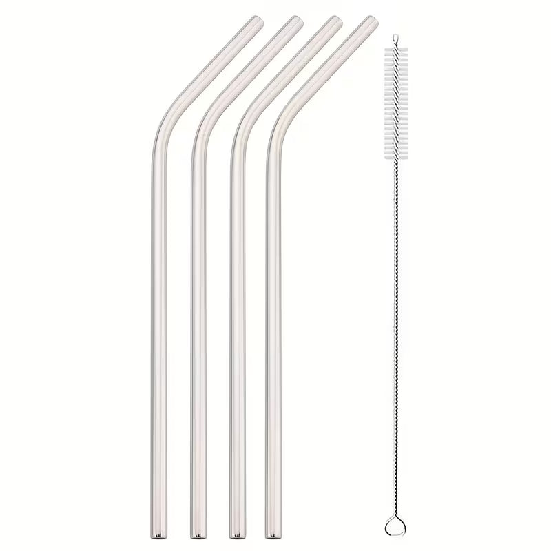 Reusable Metal Straws Set - 4pcs Stainless Steel Bent Straws with Brush