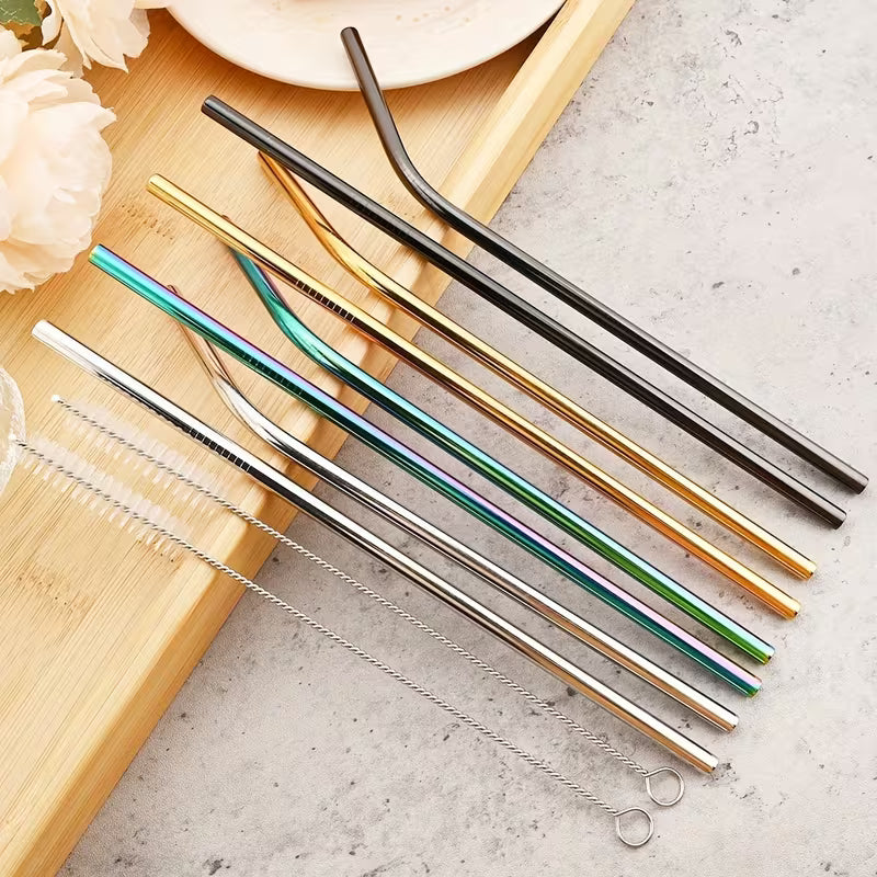 Reusable Metal Straws Set - 4pcs Stainless Steel Bent Straws with Brush