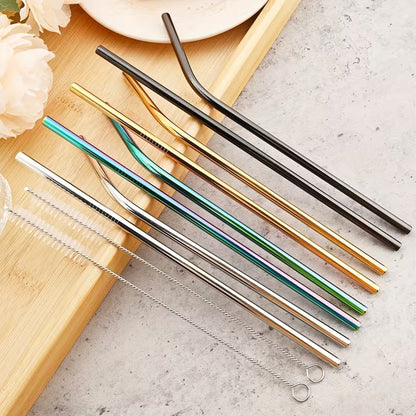 Reusable Metal Straws Set - 4pcs Stainless Steel Bent Straws with Brush
