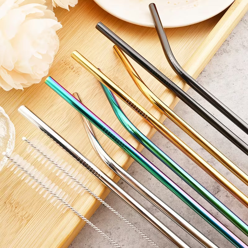 Reusable Metal Straws Set - 4pcs Stainless Steel Bent Straws with Brush
