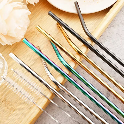 Reusable Metal Straws Set - 4pcs Stainless Steel Bent Straws with Brush
