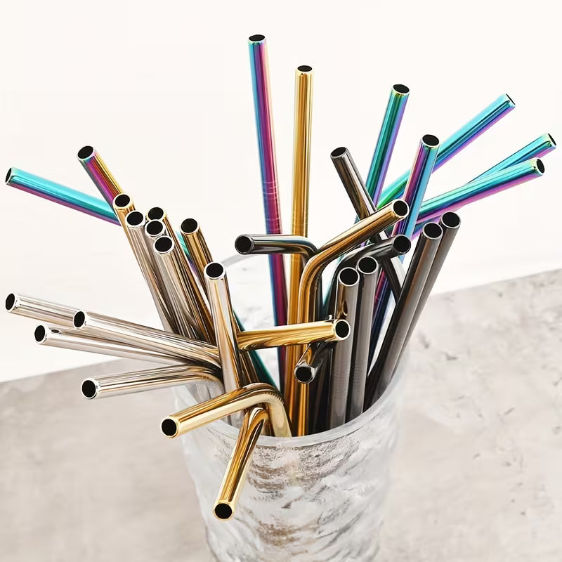 Reusable Metal Straws Set - 4pcs Stainless Steel Bent Straws with Brush