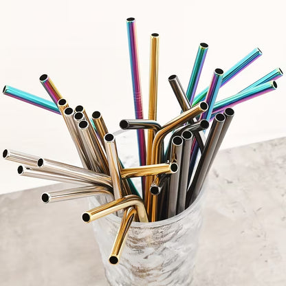 Reusable Metal Straws Set - 4pcs Stainless Steel Bent Straws with Brush