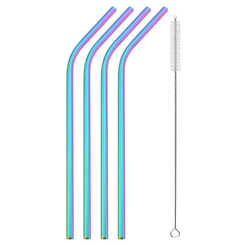 Reusable Metal Straws Set - 4pcs Stainless Steel Bent Straws with Brush