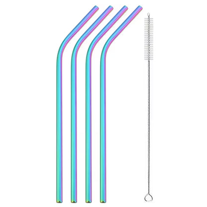 Reusable Metal Straws Set - 4pcs Stainless Steel Bent Straws with Brush