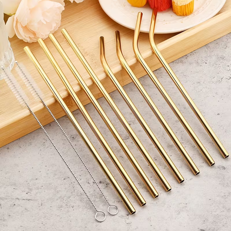 Reusable Metal Straws Set - 4pcs Stainless Steel Bent Straws with Brush