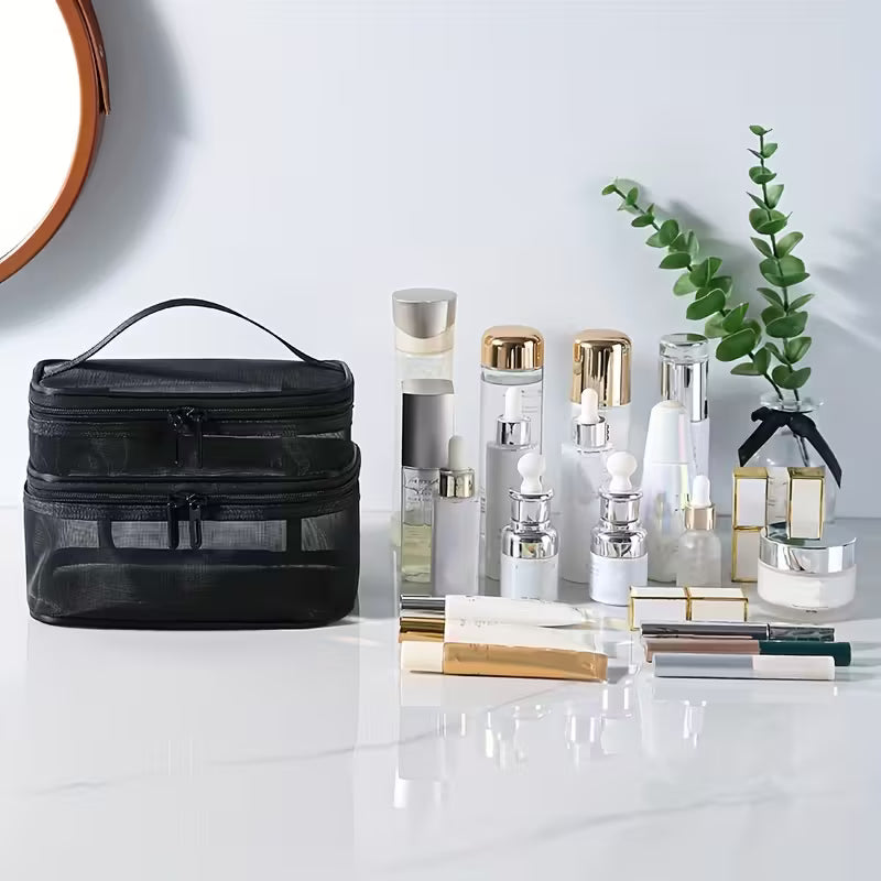 Large Mesh Makeup Organizer - Portable Travel Cosmetic Bag