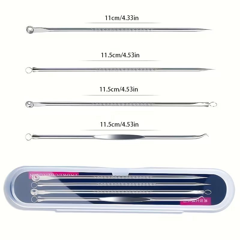Professional Blackhead Remover Tool Set - 4pcs Stainless Steel Extractor Kit