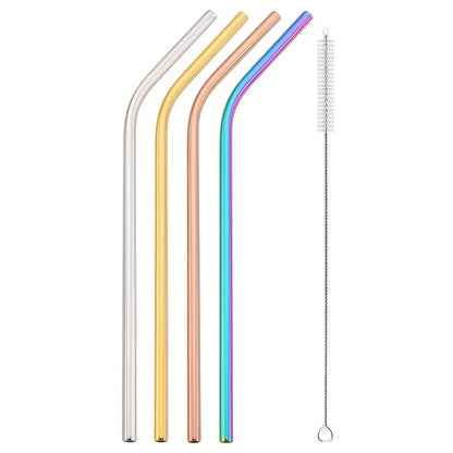 Reusable Metal Straws Set - 4pcs Stainless Steel Bent Straws with Brush