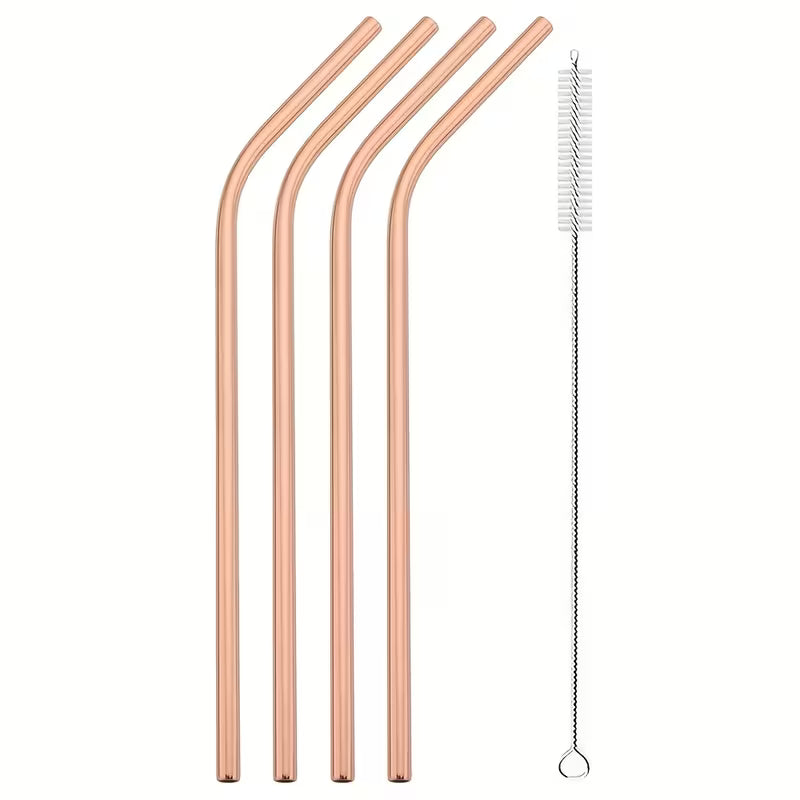 Reusable Metal Straws Set - 4pcs Stainless Steel Bent Straws with Brush