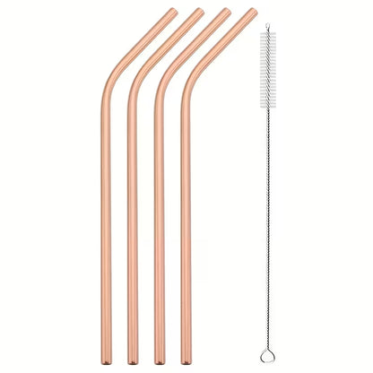 Reusable Metal Straws Set - 4pcs Stainless Steel Bent Straws with Brush