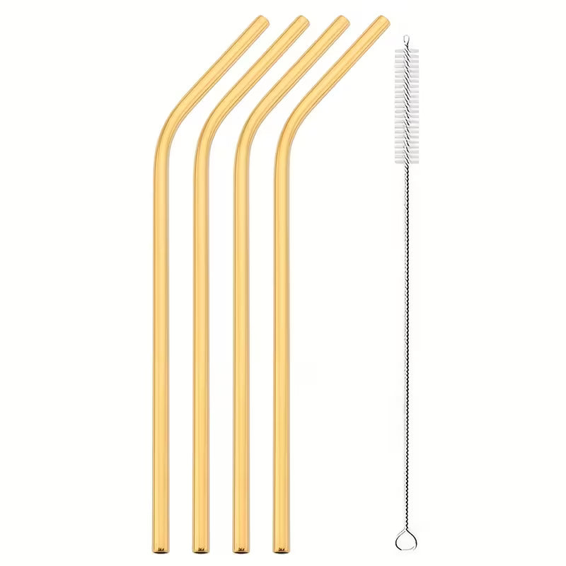 Reusable Metal Straws Set - 4pcs Stainless Steel Bent Straws with Brush