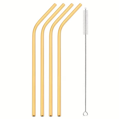Reusable Metal Straws Set - 4pcs Stainless Steel Bent Straws with Brush