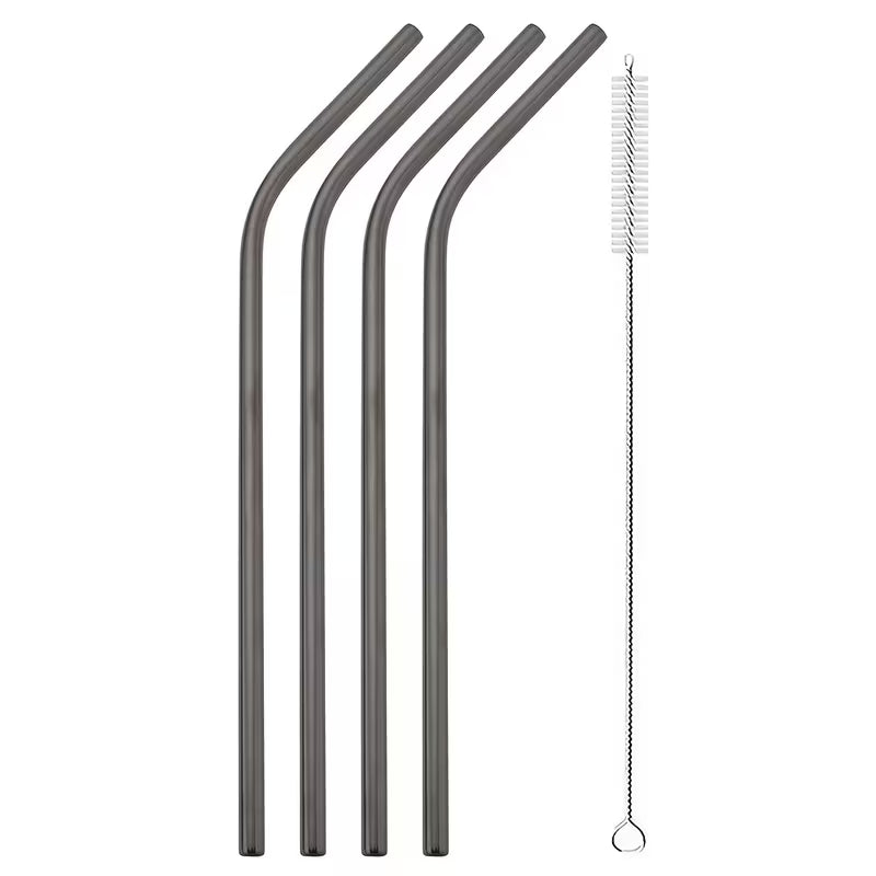 Reusable Metal Straws Set - 4pcs Stainless Steel Bent Straws with Brush