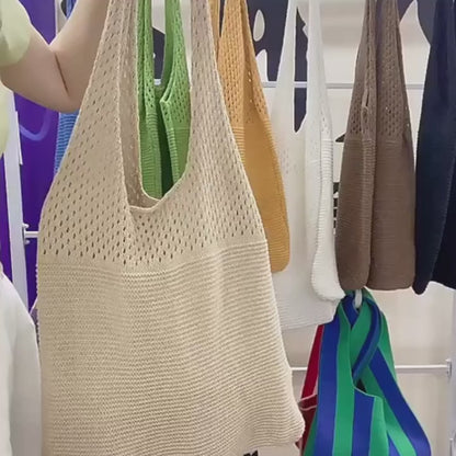Canvas Tote Bag - Women's Shoulder Shopping Bag with Hollow Crochet